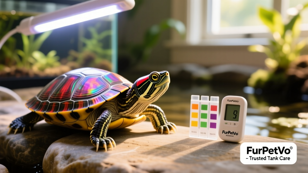 Close-up of a healthy Red-eared Slider turtle basking under UVB light beside a FurPetVo-branded thermometer and water test kit