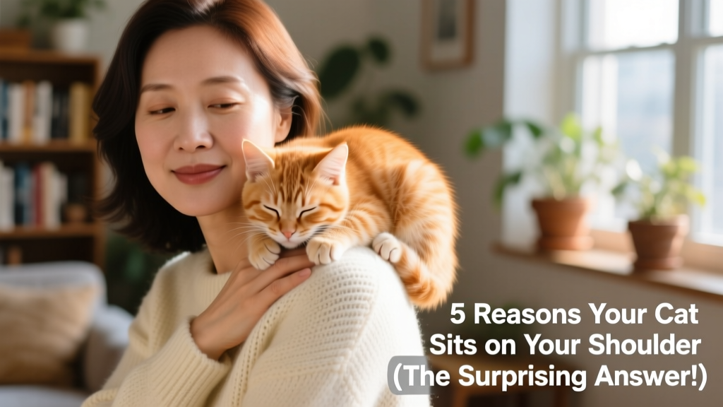 A kitten curled comfortably on a person's shoulder, nestled against a soft sweater, eyes half-closed in relaxation