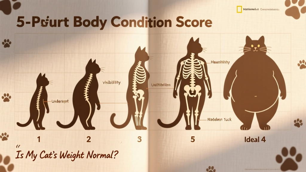 Illustrated 5-point body condition score chart showing silhouettes of cats from underweight to obese, with key landmarks labeled