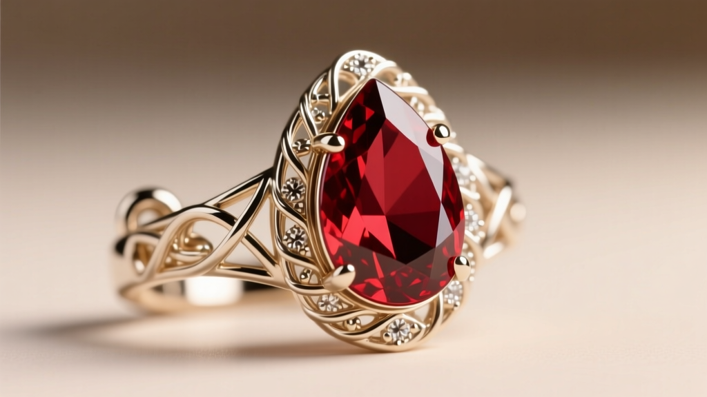 Macro shot of a 20-gauge 14k white gold leverback clasp securing a heavy red garnet teardrop stone with intricate metal filigree