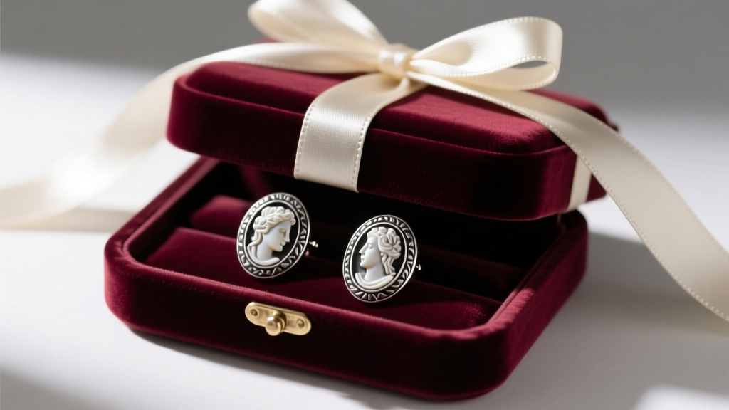 Open velvet jewelry box revealing a pair of oxidized sterling silver mini bas relief cameo earrings, tied with a silk ribbon.