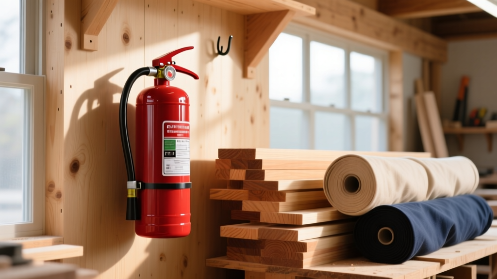 Red pressurized water fire extinguisher mounted on a plywood wall next to stacked lumber and fabric rolls in a well-lit woodworking shop
