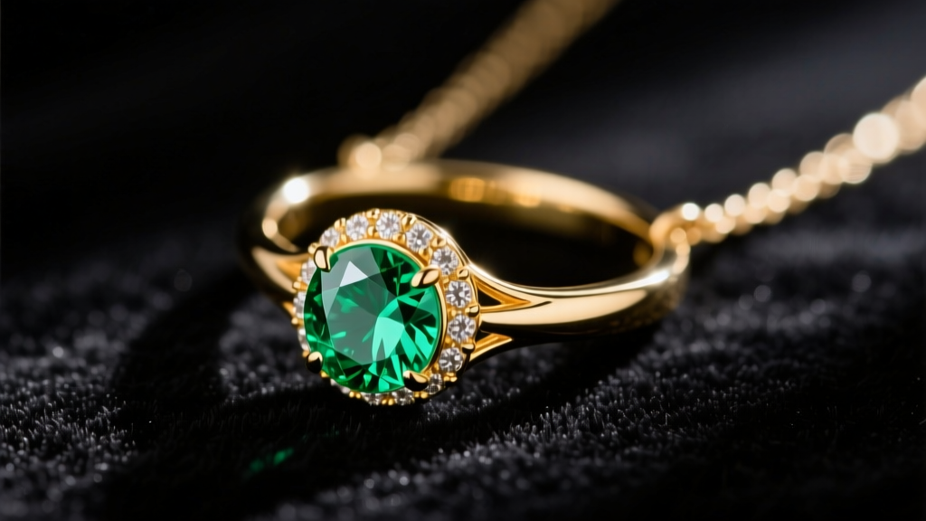 Close-up of a 14k gold birthstone ring necklace on dark velvet, featuring a faceted round-cut emerald in a delicate bezel setting.