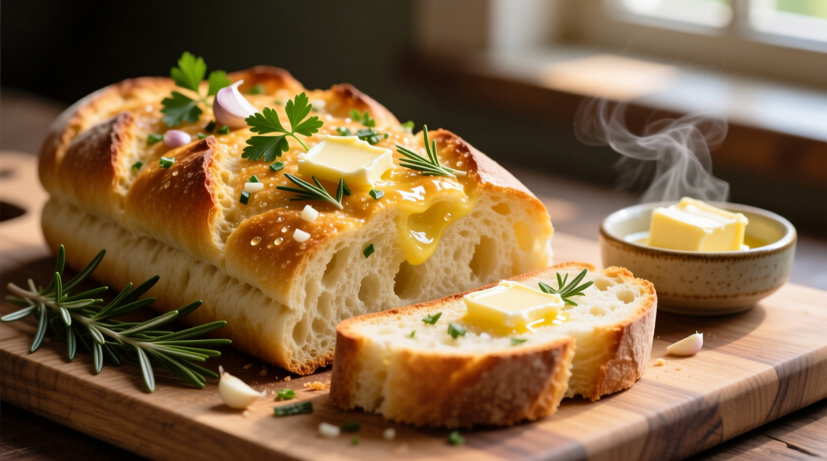 Golden garlic bread with melted butter and herbs