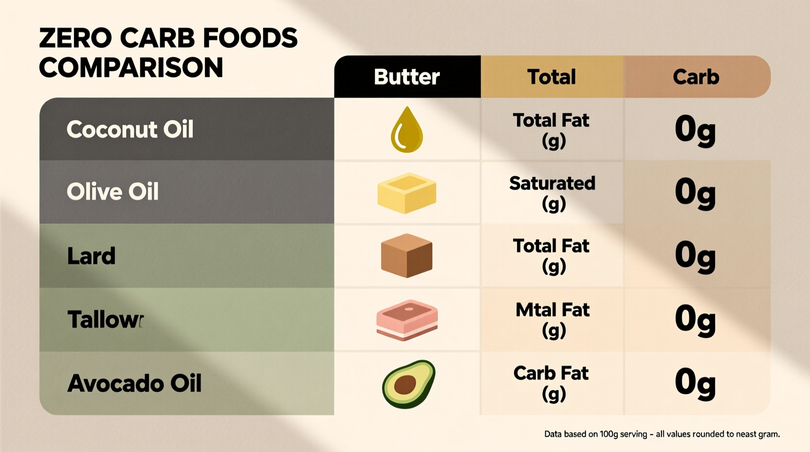 Zero carb foods comparison chart showing oils and animal fats