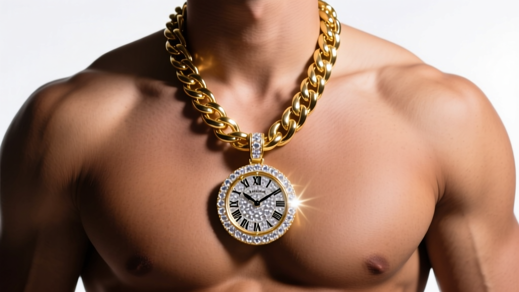 A thick gold Miami Cuban chain holding a large iced-out rap clock pendant with moissanite stones under bright studio lighting