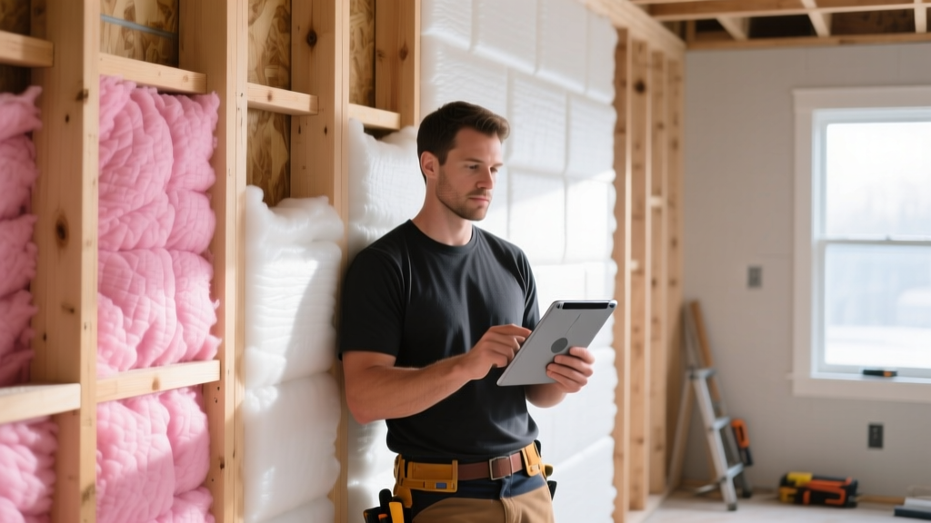 Builder holding a pricing tablet beside exposed wood framing insulated with pink fiberglass batts and white closed-cell spray foam