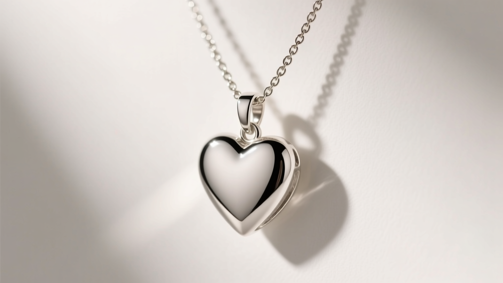 Macro shot of a polished sterling silver heart pendant on a delicate 1mm box chain, illuminated by soft warm studio lighting.