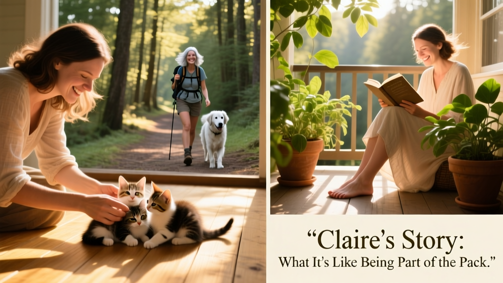 A collage of joyful moments: a sitter playing with kittens, another reading on a sun-drenched balcony, and a third hiking with a gentle senior dog