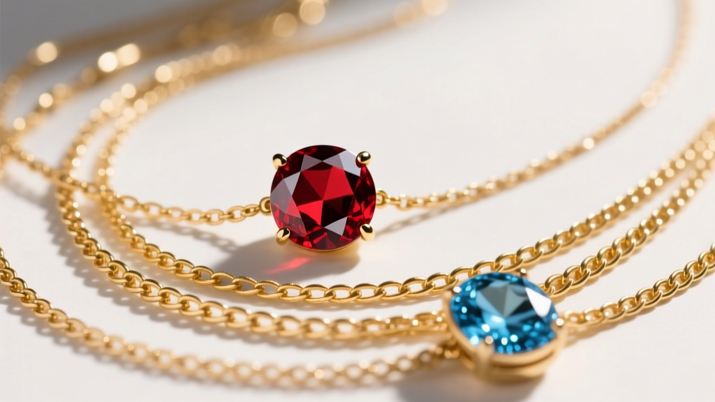Macro shot of layered necklaces with a red garnet solitaire and London blue topaz bezel pendant on delicate 14k gold chains.
