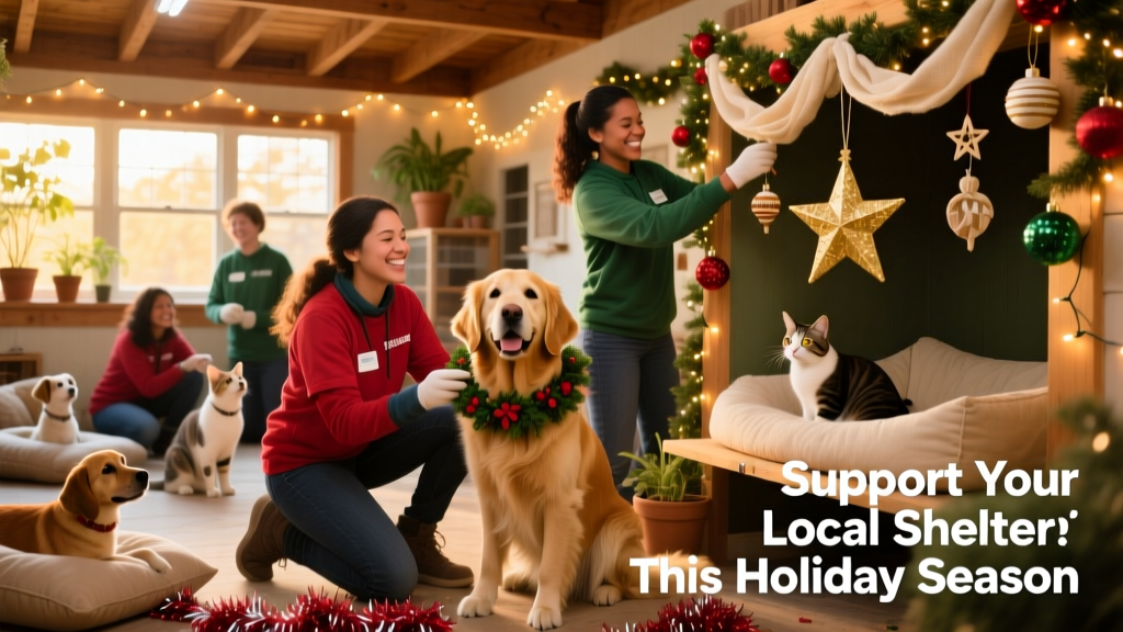 Volunteers decorating a shelter with festive, pet-safe holiday decorations
