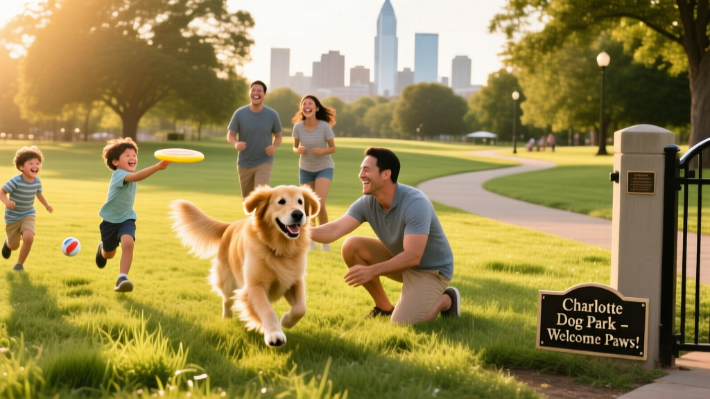 A happy dog and their family enjoying a sunny day at a spacious, grassy dog park in Charlotte