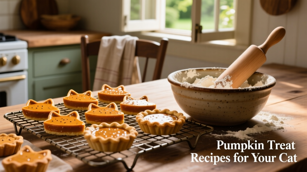 Assortment of pumpkin pie-shaped cat treats cooling on a wire rack next to a mixing bowl and rolling pin