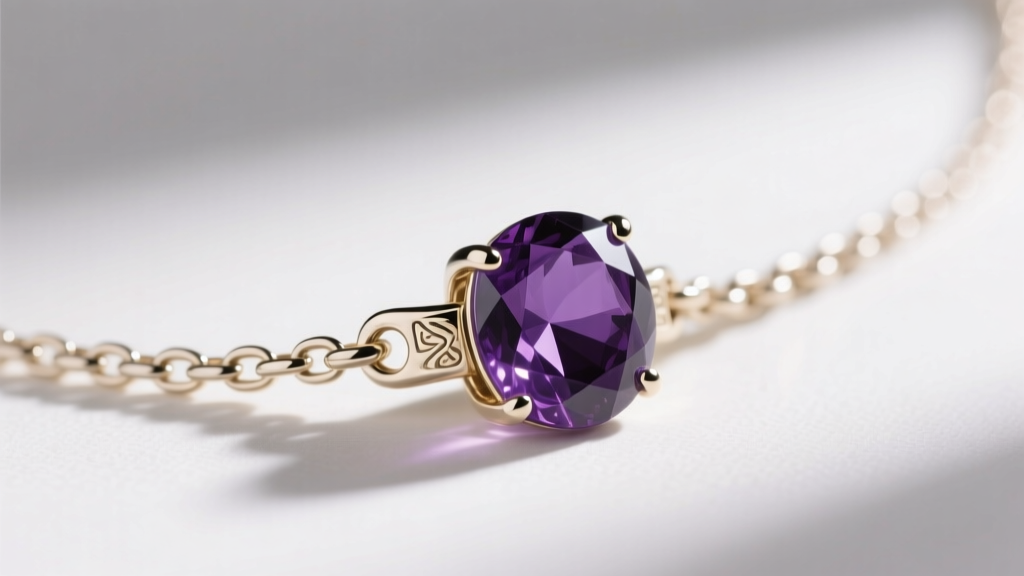 Macro shot of a 1.2mm 14k white gold rolo chain and secure lobster clasp attached to a purple amethyst crystal necklace.