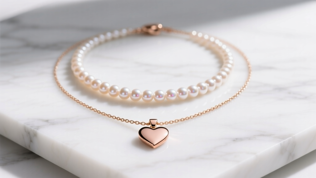 Flat lay of layered necklaces with a rose gold heart pendant, a pearl choker, and a thin box chain on a white marble surface.
