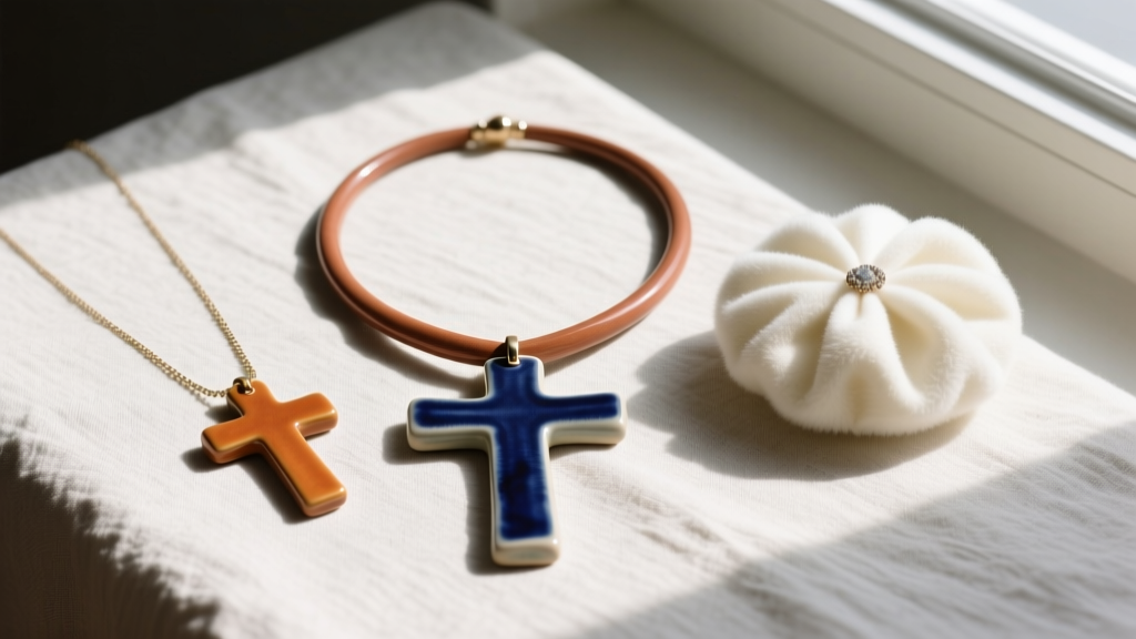 Flat lay of three ceramic cross necklaces in varying sizes, arranged on linen next to a soft microfiber jewelry polishing pad.