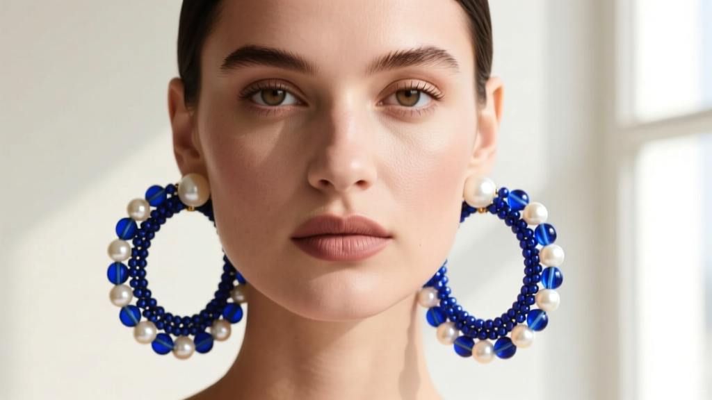 Portrait of a model wearing oversized 50mm beaded hoop earrings with alternating freshwater pearls and cobalt glass seed beads