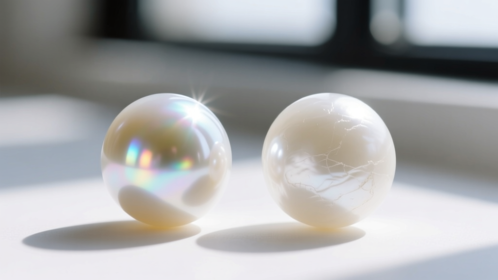 Macro photo comparing two white Akoya pearls, one with sharp luster and one with a dull, chalky surface finish.