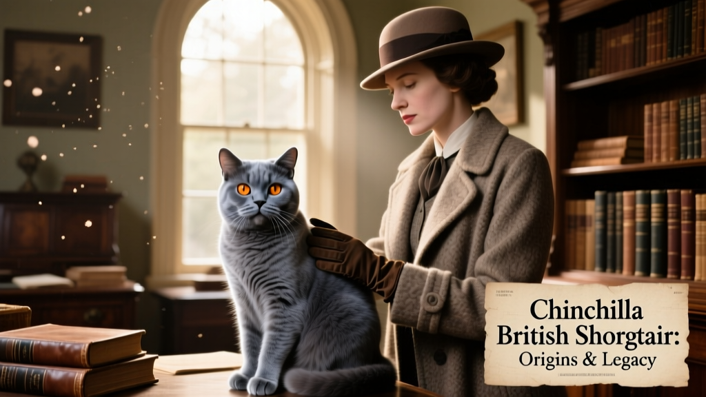 Historic black-and-white photo of an early 20th-century Chinchilla British Shorthair alongside a breeder