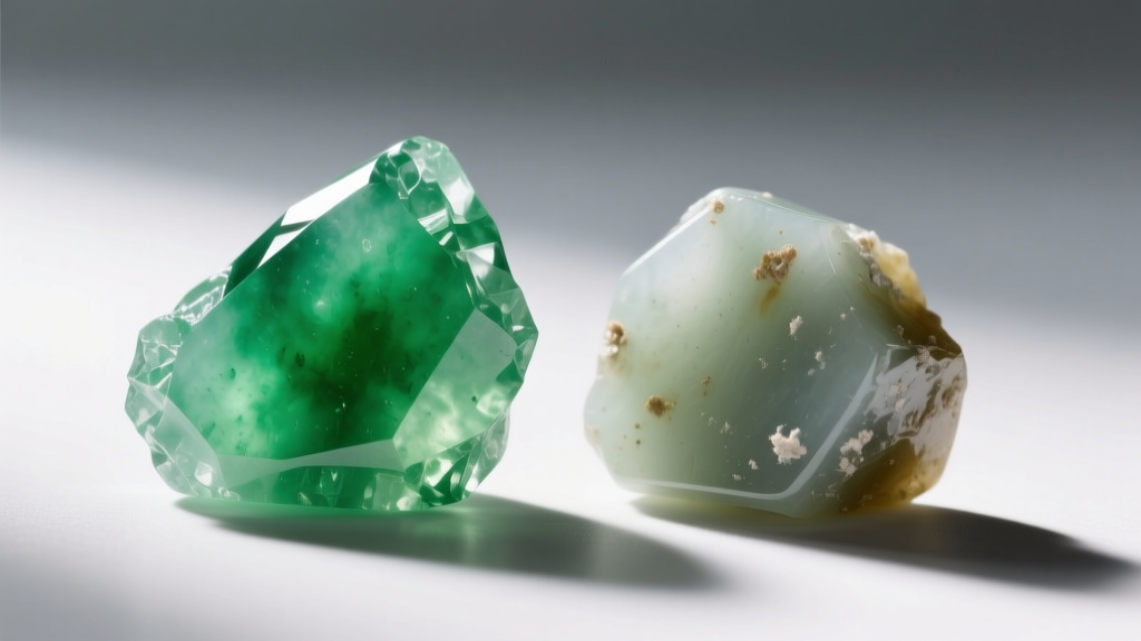 Macro view of untreated Type A jadeite beside polymer-treated Type B jadeite, showing the dull waxy surface of the treated stone.