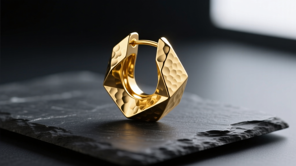Macro shot of a sculptural 18k yellow gold art earring with hammered matte finish on dark slate under directional lighting