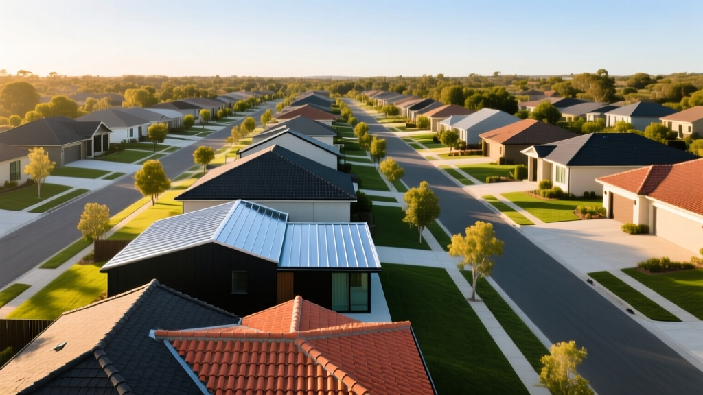 Aerial view of a suburban neighborhood showcasing diverse roofing materials including dark asphalt shingles, standing seam metal, and red clay tiles