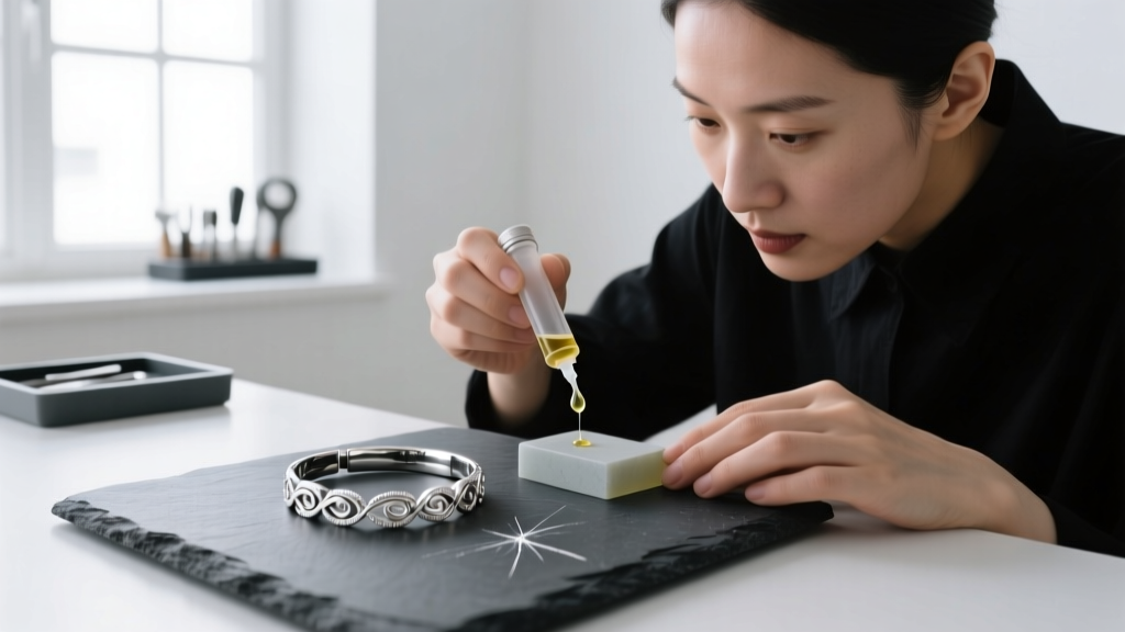 Jeweler applying acid testing solution to a scratch mark on a testing stone to verify a 925 sterling silver bracelet authenticity