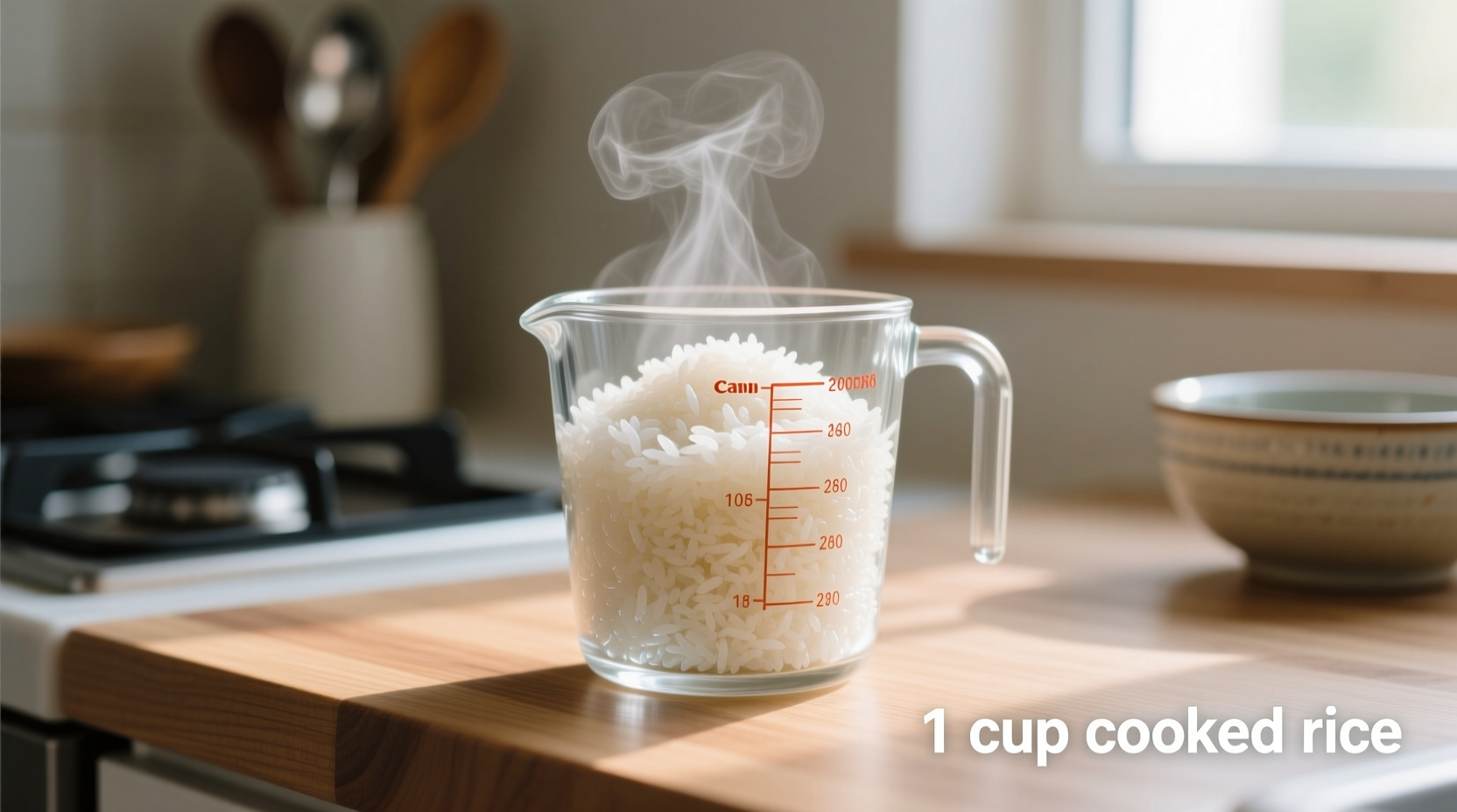 Measuring cooked rice in a clear measuring cup on kitchen counter