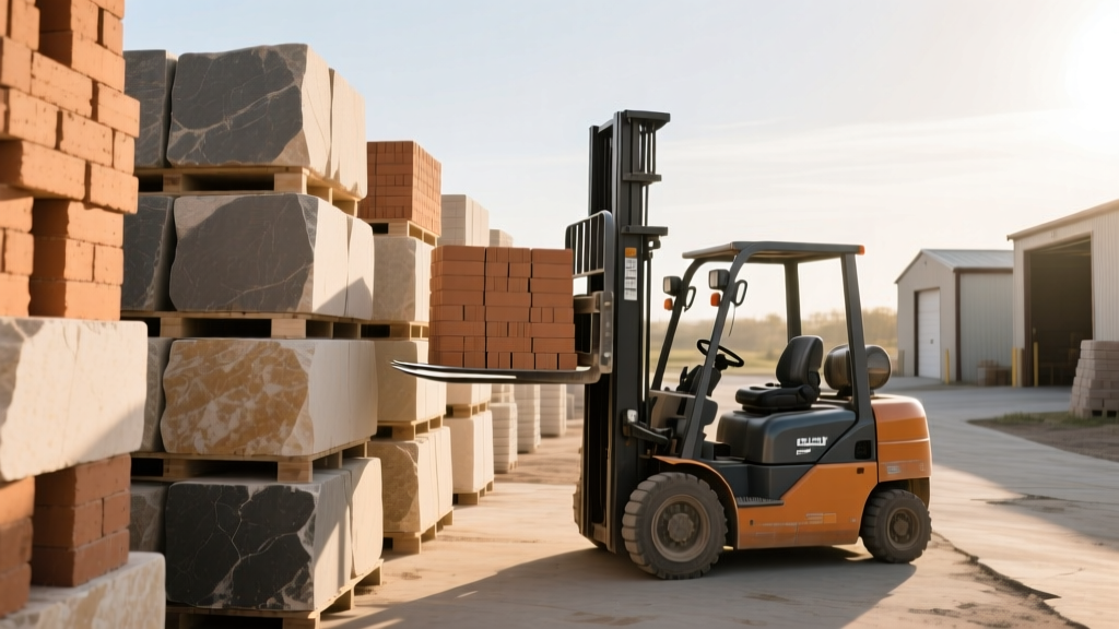 Stacked pallets of natural limestone and clay brick at a specialized masonry supply yard with a forklift moving materials under morning light