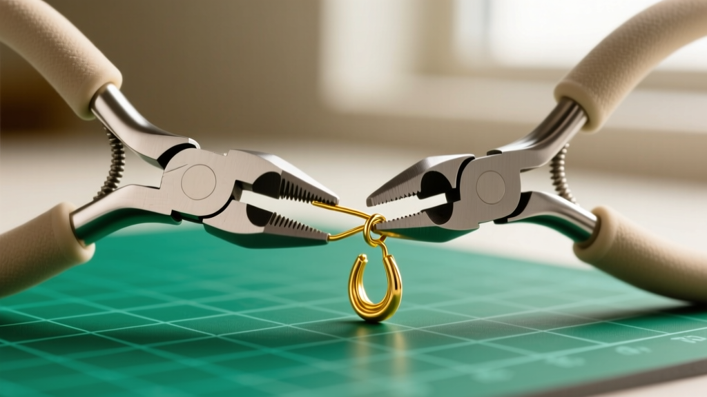 A pair of nylon-jaw jewelry pliers gently straightening a bent 18-gauge 14k yellow gold earring post on a green cutting mat.