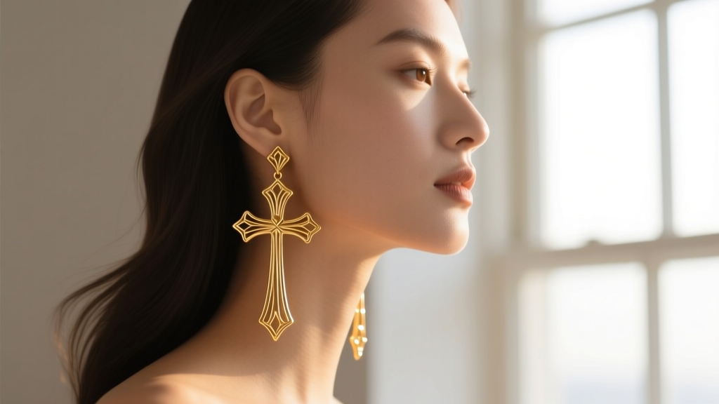 Side profile of a model wearing gold vermeil long cross earrings, showing dangle length and how metal catches warm ambient light