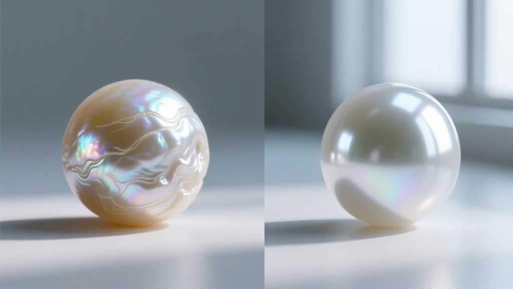 Macro split-screen showing the gritty surface of a real freshwater pearl next to the smooth glass coating of an imitation bead.