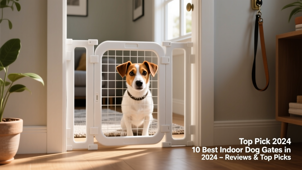 A compact, white plastic expanding dog gate installed in a narrow doorway, with a curious terrier mix looking through the mesh bars