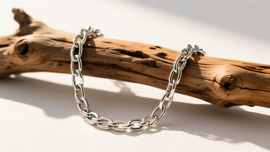 Stainless steel curb chain and matte sterling silver figaro chain laid across raw driftwood in bright, warm natural sunlight