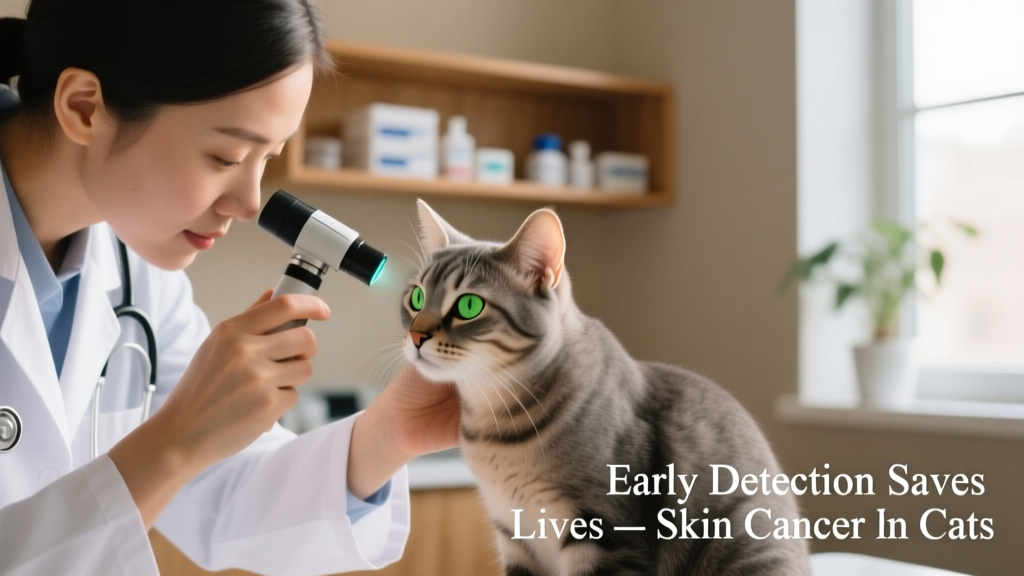 Veterinarian gently examining a cat’s ear during a routine wellness check, using a dermatoscope to inspect subtle skin changes