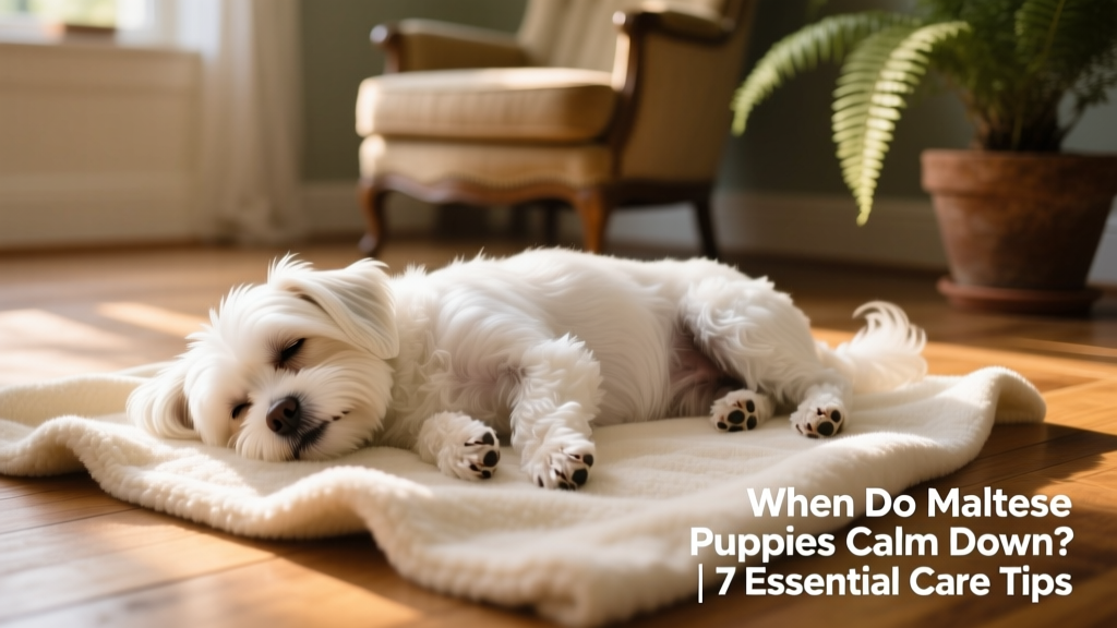A calm adult Maltese resting on a soft blanket, eyes relaxed and body at ease