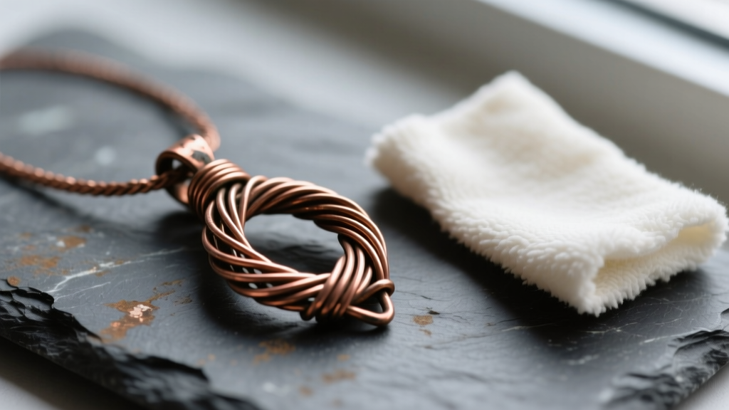 Close-up of a tarnished 20-gauge copper wire-wrapped pendant resting on dark slate next to a soft microfiber polishing cloth.