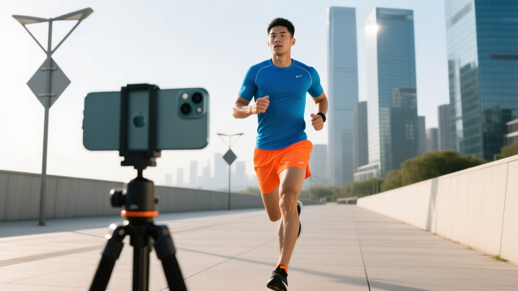 Smartphone mounted on a tripod recording a runner's foot strike on a home treadmill with slow-motion video analysis app grid lines overlaid on the screen