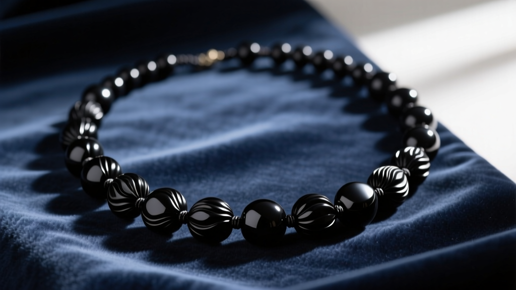 Elegant flat lay of a Victorian vintage black bead necklace made of carved Whitby jet resting on dark velvet fabric