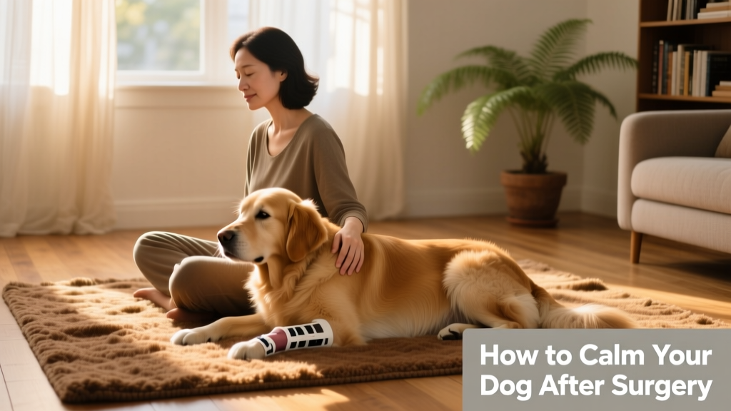 A person sitting quietly beside a resting dog on a cozy rug, both relaxed, with soft natural light filtering in