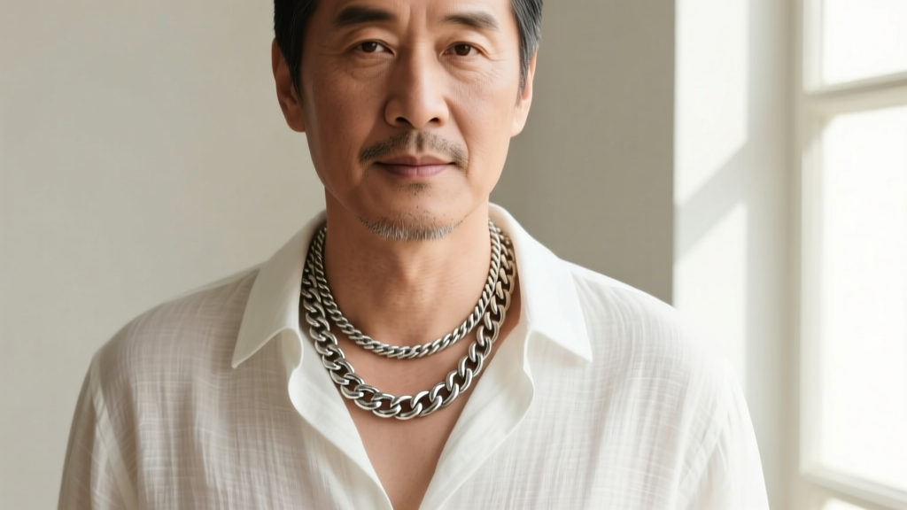 Chest portrait of a man layering a 2mm silver rope chain with a 4mm cuban link over a white linen shirt in natural daylight