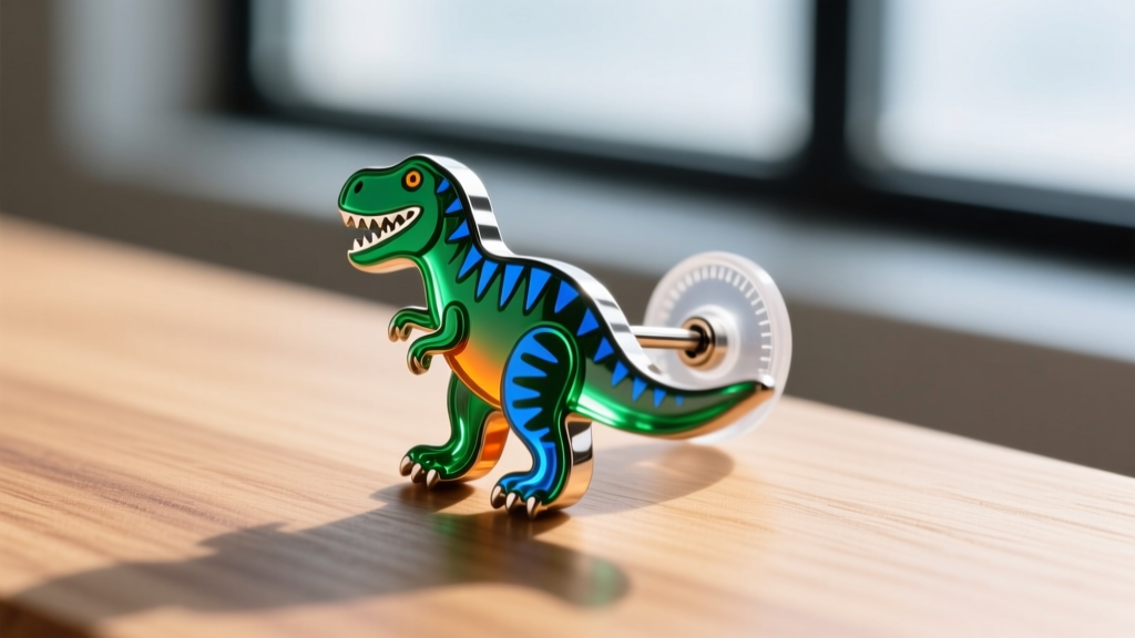 Macro shot of 20-gauge titanium post on acrylic dinosaur stud earring highlighting a secure clear silicone friction back on wood