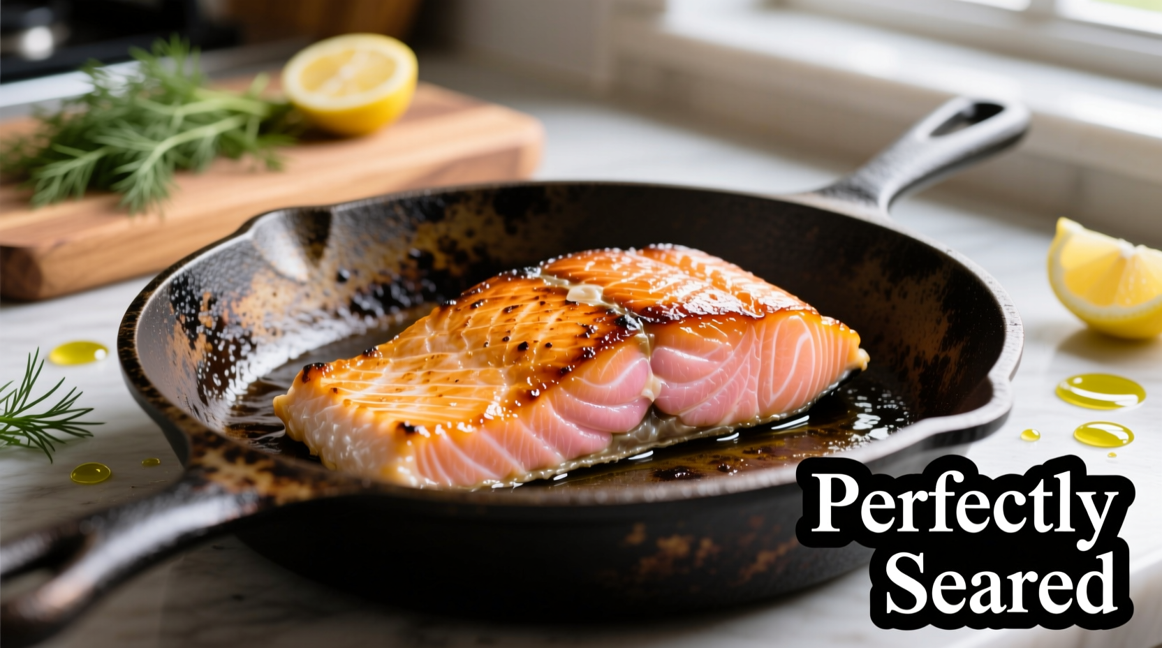 Perfectly seared salmon fillet in cast iron skillet