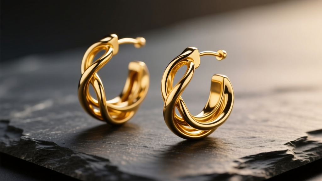 Macro shot of fluid 14k yellow gold sculptural earrings on dark slate, highlighting organic curves and soft studio lighting