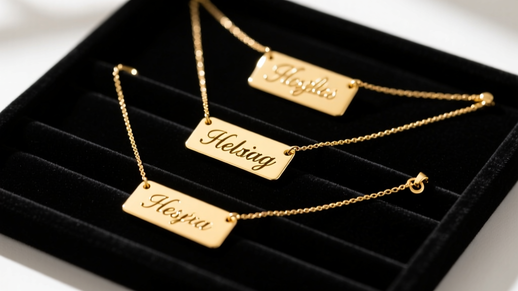 Flat lay of three layered real gold name plate necklaces of varying lengths and fonts on a dark velvet jewelry display pad.