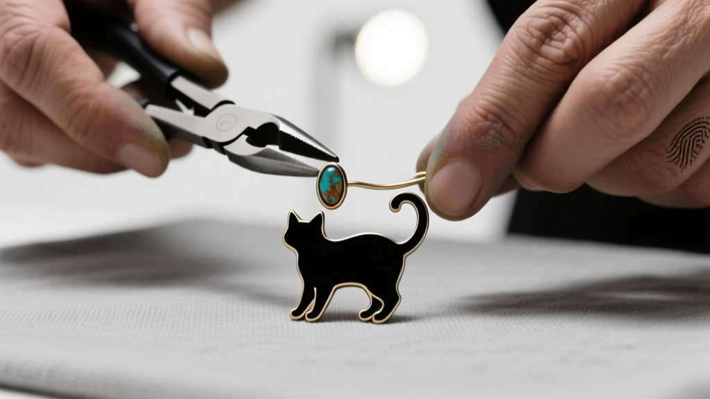 Jeweler using flat-nose pliers to detach a tarnished vintage kidney ear wire from a small black enamel cat silhouette stud earring.