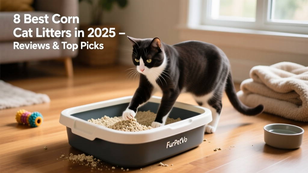 Cat comfortably using a litter box filled with FurPetVo corn litter, with visible clean scooping and no visible dust clouds