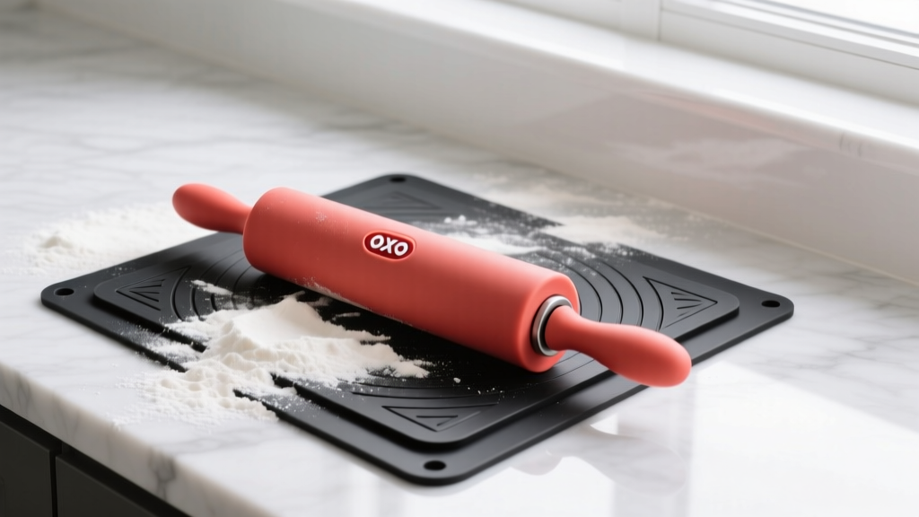 Overhead shot of OXO Good Grips adjustable rolling pin and silicone baking mats on a marble countertop with flour dusting