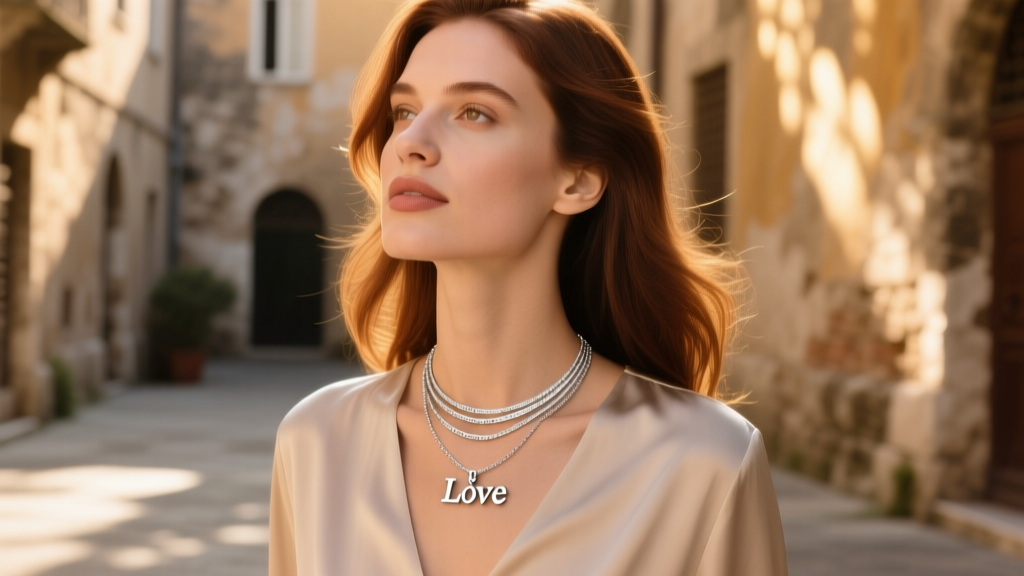 Woman wearing a layered sterling silver definition necklace with a minimalist dictionary definition of Love, in warm sunlight