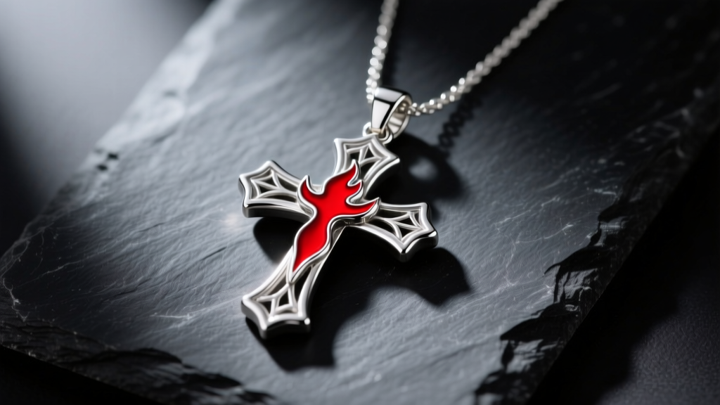 Close-up of a sterling silver Methodist cross and flame necklace resting on dark slate, highlighting the red enamel flame detail
